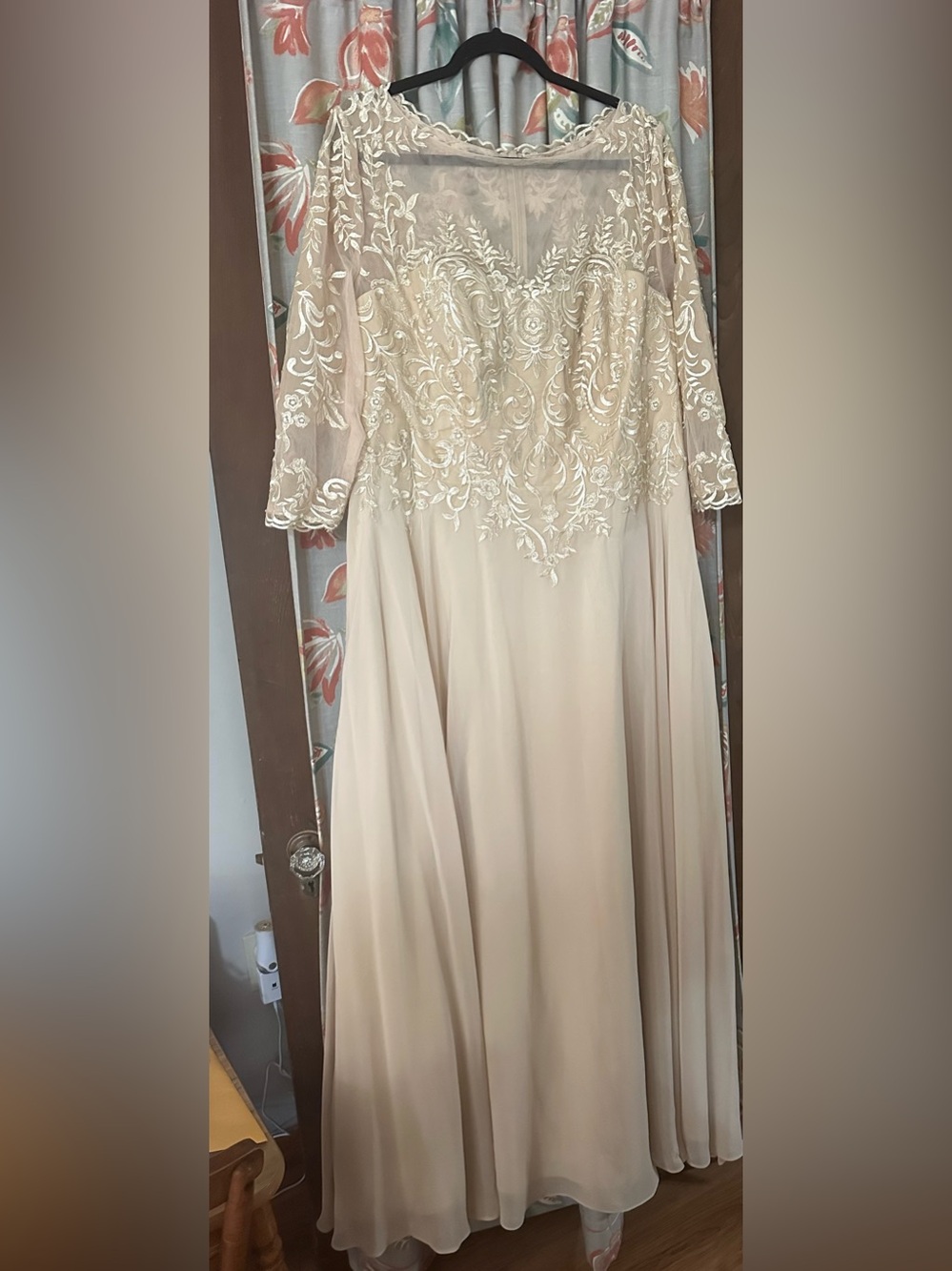 JJs House Champagne Lace Appliqué Long Sleeve Evening Gown